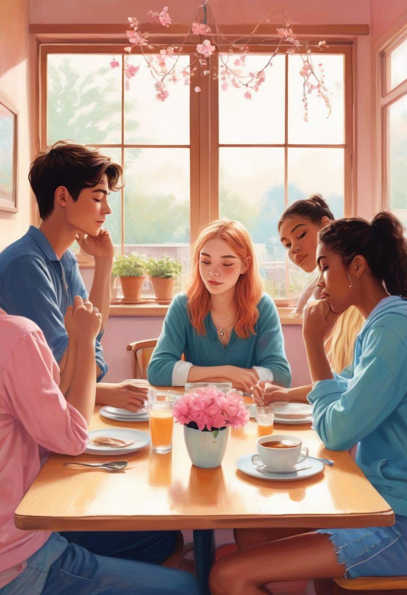 A whimsical yet poignant illustration of a diverse group of teenagers sitting in a cozy café, sharing stories of love and heartbreak. The scene captures their expressive emotions, with heart-shaped symbols floating around them and symbolic elements of growth, like blooming flowers and broken chains. Soft pastel colors create a nostalgic and inviting atmosphere, emphasizing the heartfelt theme. vector art. vibrant colors. whimsical style.