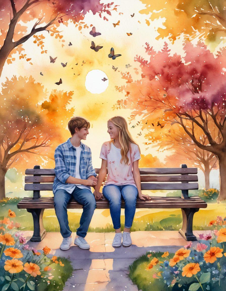 A heartfelt scene depicting two teenagers sitting on a park bench, holding hands, with a warm sunset casting a golden glow around them. Surround them with blooming flowers and playful butterflies to symbolize young love and innocence. In the background, faint silhouettes of friends laughing and having fun to indicate the social aspect of teen relationships. soft watercolor style. vibrant colors.