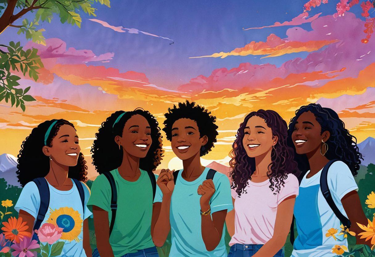 A vibrant, colorful illustration depicting a diverse group of teenagers engaged in various activities that symbolize friendship and blossoming romantic connections. Emphasize facial expressions that convey deep emotions, such as joy, excitement, and curiosity. Include elements like a sunset backdrop symbolizing change and growth, with nature elements intertwining with their interactions. Capture the essence of youth and emotional intensity. super-realistic. vibrant colors.